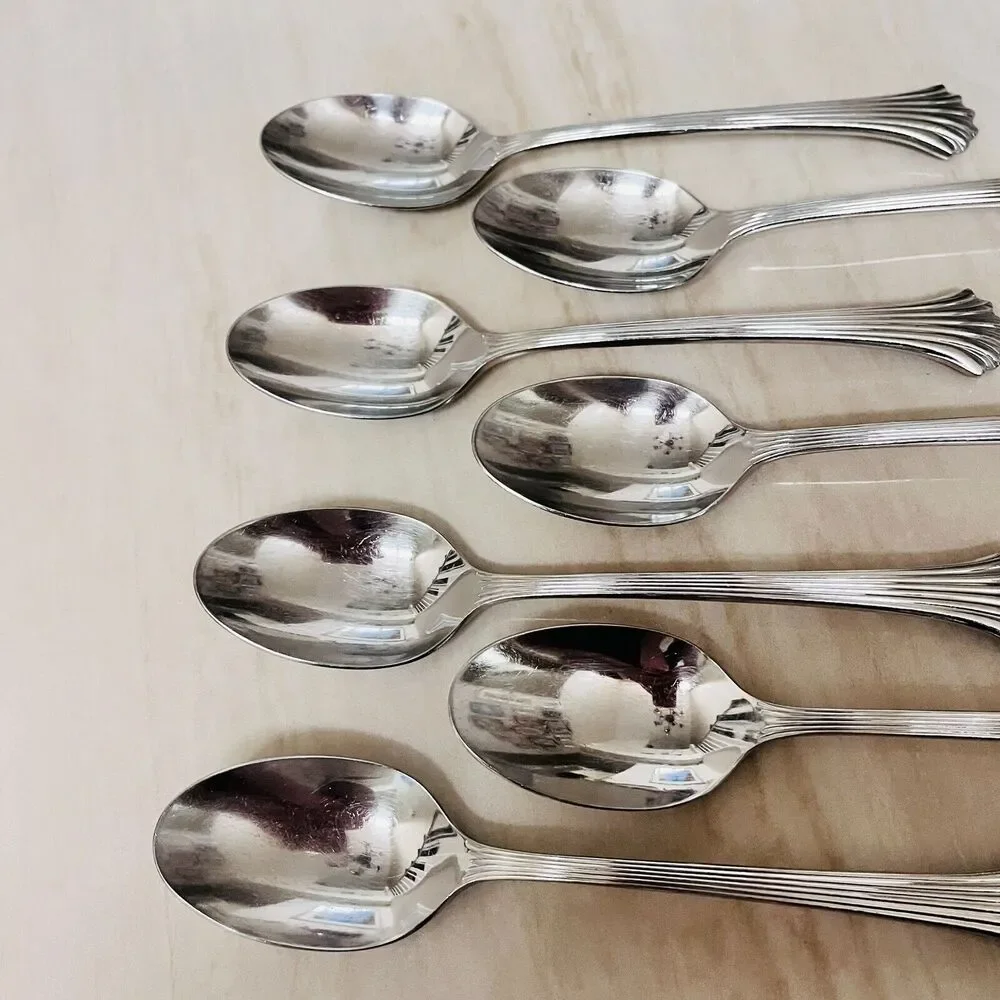 7pc INTERNATIONAL Tiara Soup Spoon Stainless 18/8Fan Ribbed/Ridges Glossy Korea